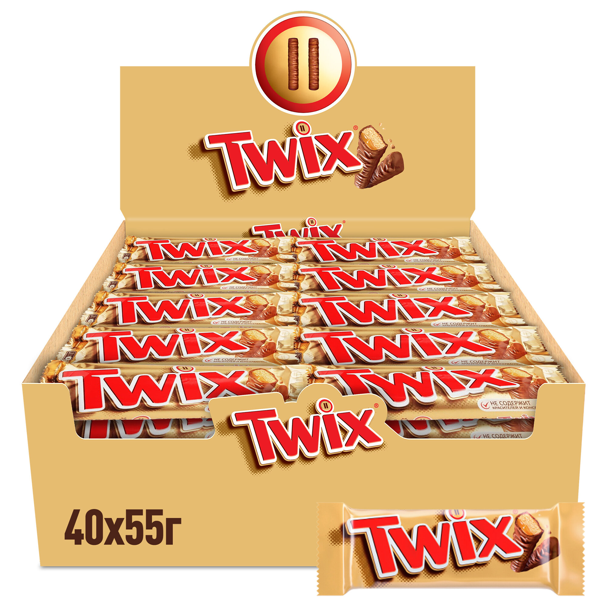 Шоколадный батончик Twix с карамелью и печеньем, 40 штук по 55 г