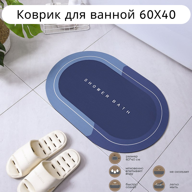 Коврик для ванной быстросохнущий влаговпитывающий синий 60х40