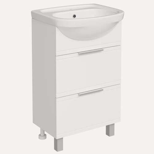 Изображение товара Тумба с раковиной DIWO Дмитров 50 напольная, 51 см, белая, матовая, с ящиками, раковина для ванной, фарфоровая, полукруглая, встроенный слив-перелив