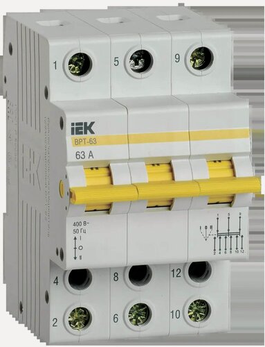 Изображение товара Выключатель-разъединитель трехпозиционный IEK ВРТ-63, 3P, 63А, 400В, IP20, монтаж на DIN-рейку
