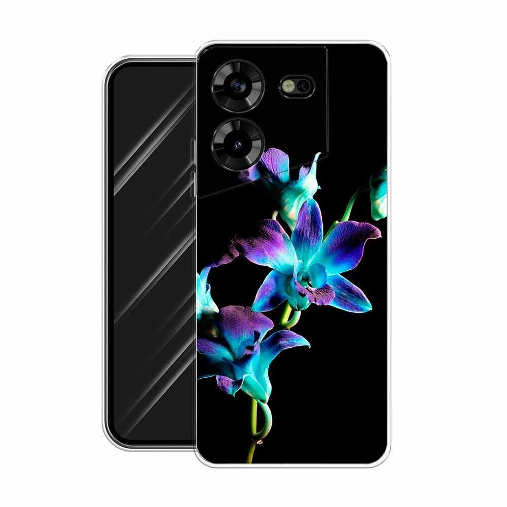 Чехол на Tecno Pova 5 / Техно Пова 5 с принтом "Синий цветок на черном" — фото 1