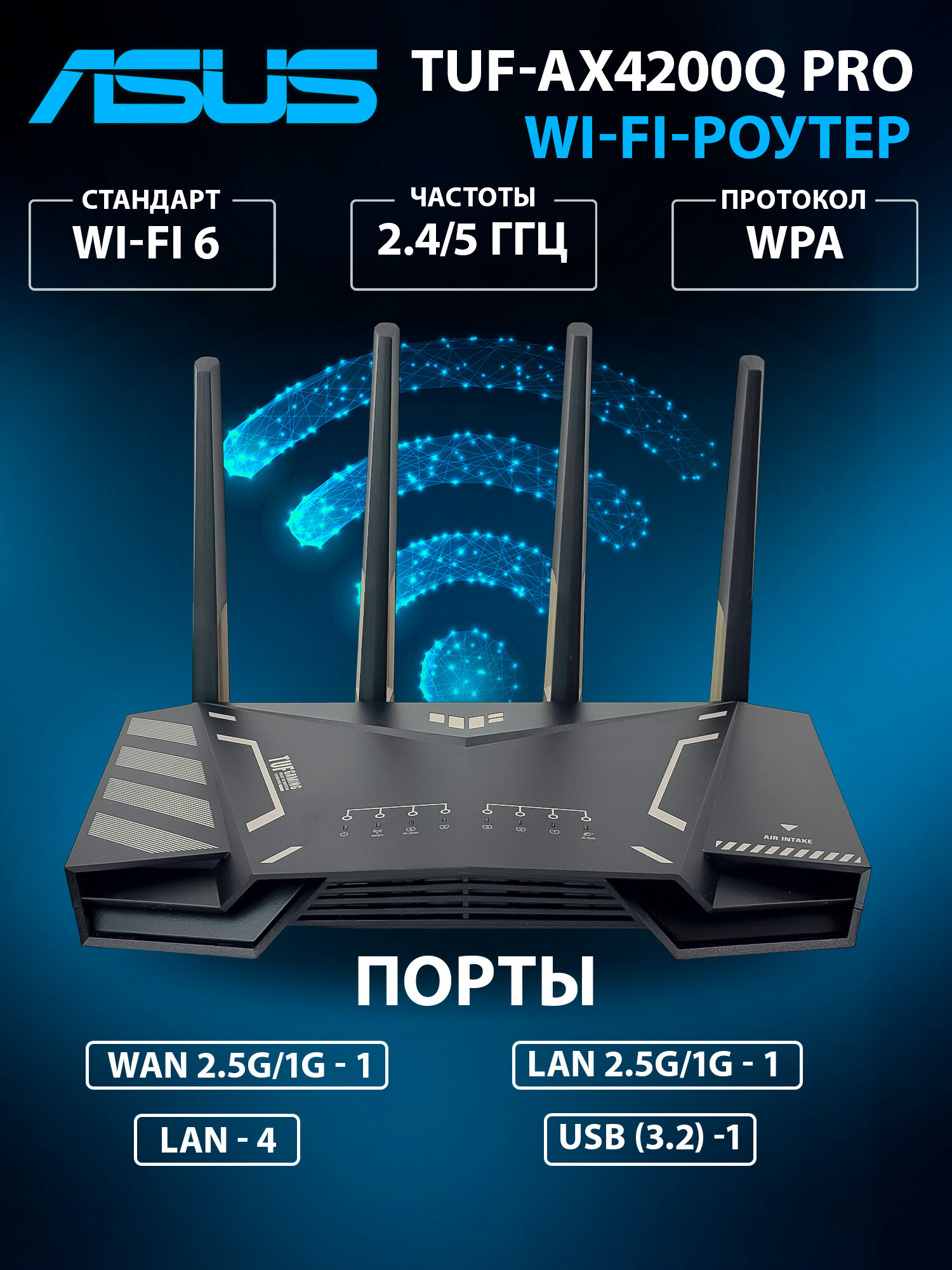 Wi-Fi Роутер Asus TUF-AX4200Q PRO (CN) 5 ГГц/2.4 Ггц, WIFI 6 до 3603 Мбит/с, Ethernet до 4200 Мбит/сек