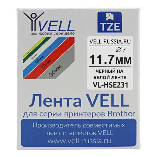 Термоусадочная трубка Vell HSE-231 (Brother HSE 231, 11,7 мм, черный на белом) PT 1010/1280/D200/H105/D600/E300/2700/P700/E550/9700 {VL-hse231}