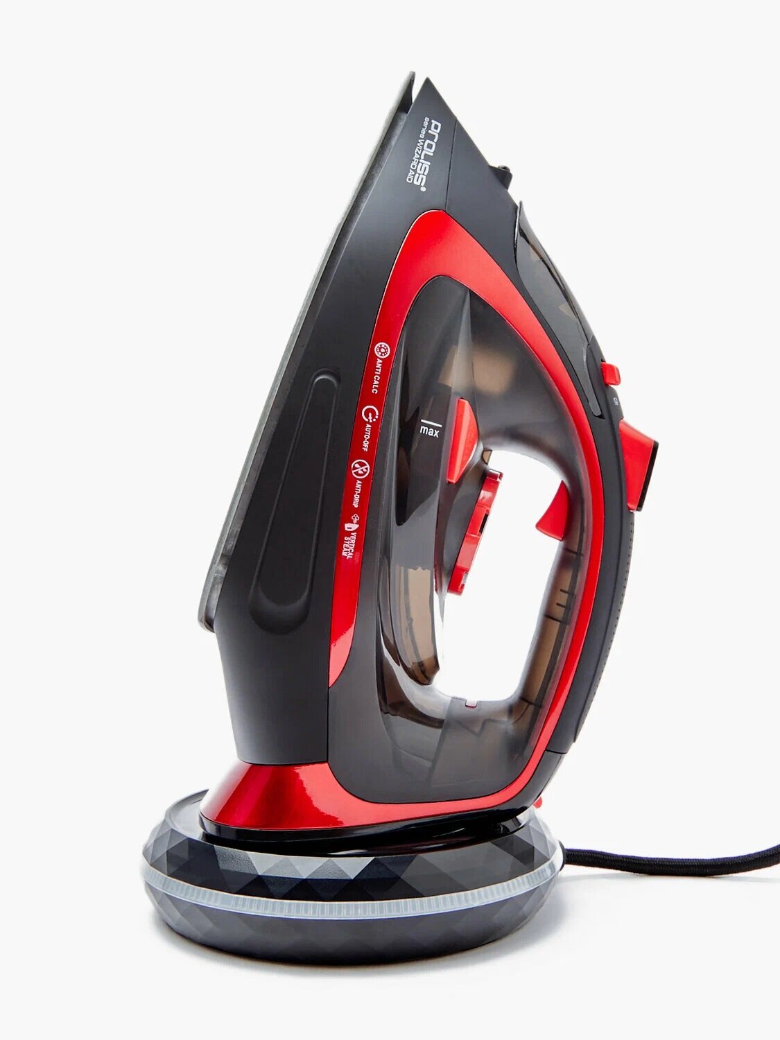 Мощный беспроводной утюг PRO-LISS с подсветкой 2400вт самоочищающийся черный красный керамическое покрытие — фото 1