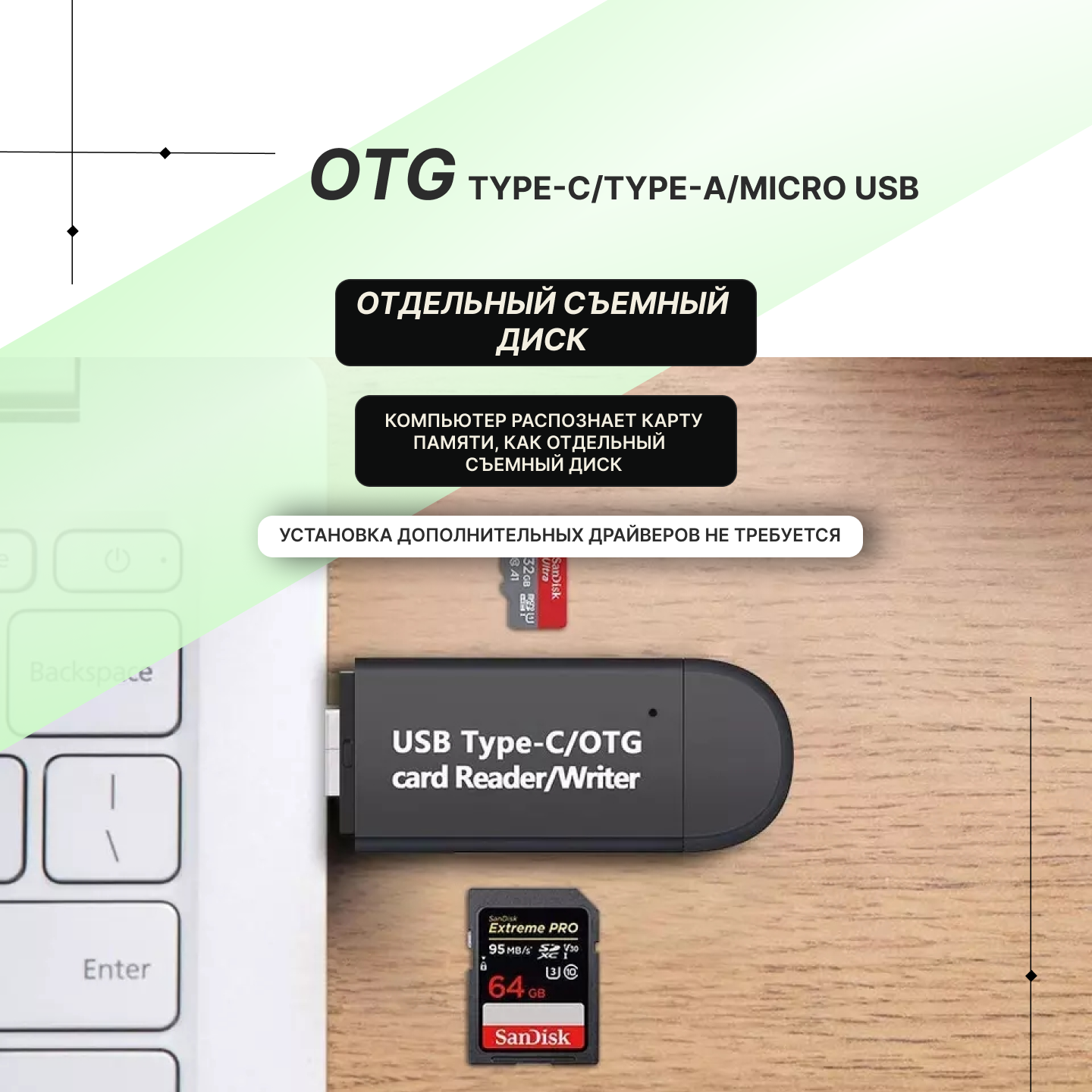 Картридер OTG 3в1 с поддержкой microSD/SD/SDXC/MMC — фото 5