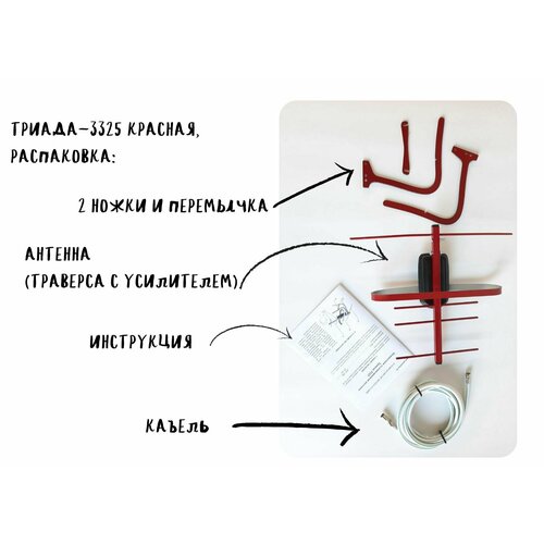 Комнатная антенна Триада-3325 для цифрового ТВ, DVB-T2, активная, красная, кабель 3 метра, штекер 9,5