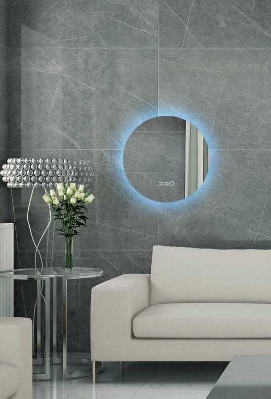 Зеркало для ванной с часами Sun D55 круглое "парящее" с холодной LED-подсветкой