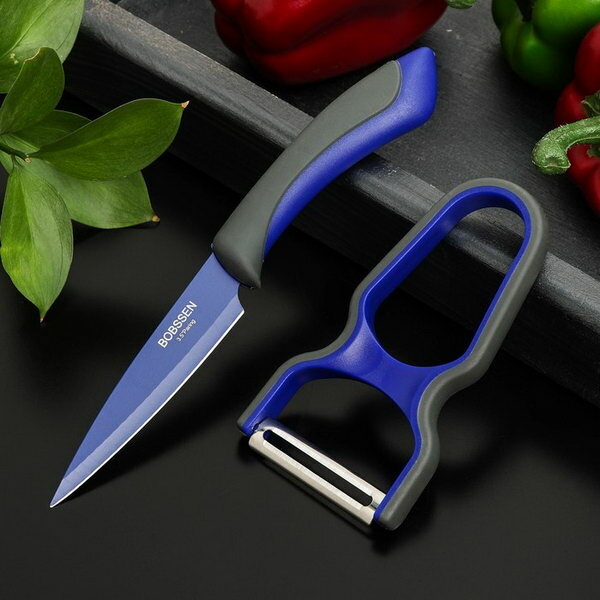 Набор кухонных принадлежностей Faded, 2 предмета: нож 8.5 см, овощечистка, цвет синий