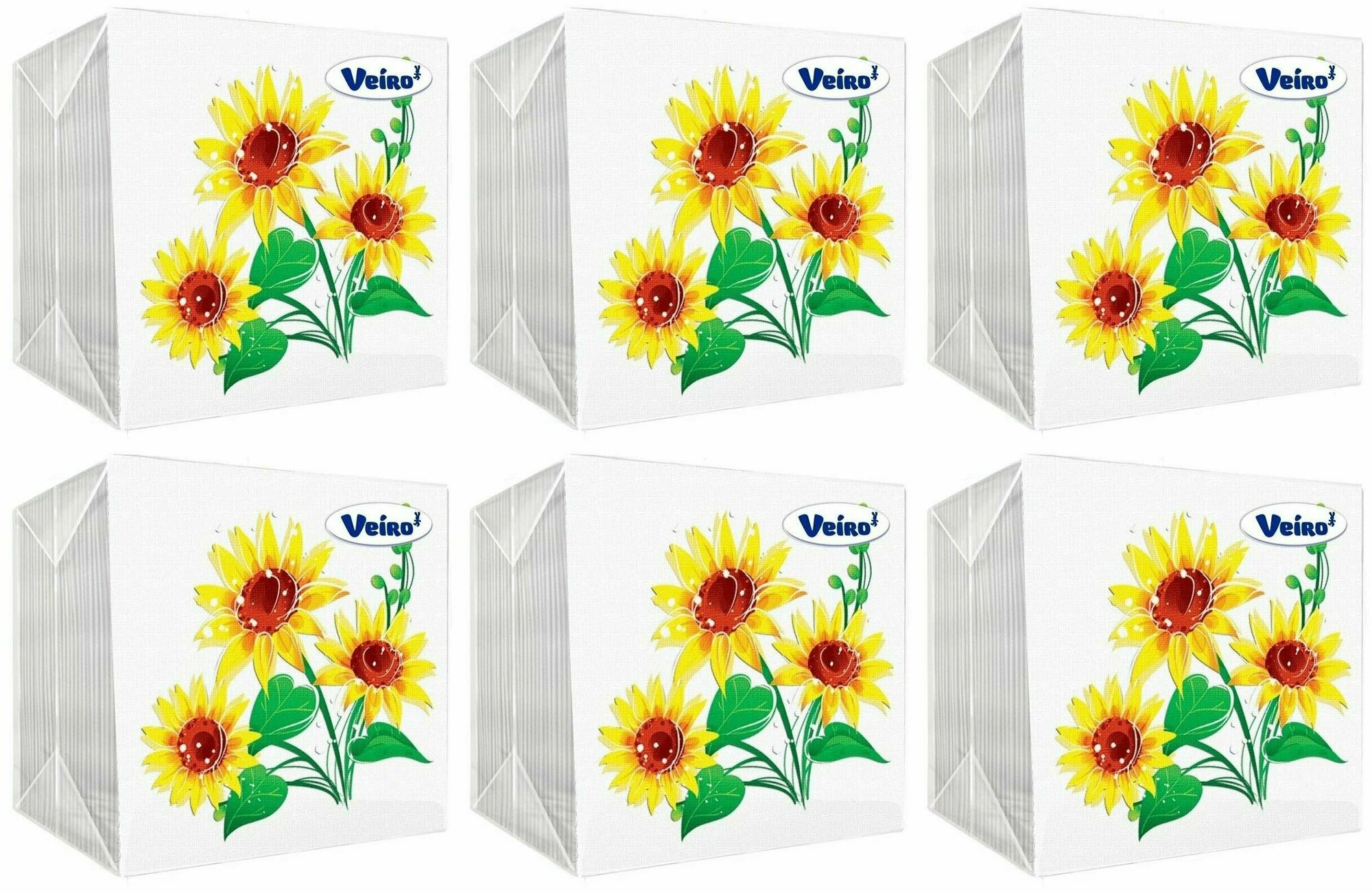 Veiro Салфетки бумажные Желтый Цветок Подсолнух, однослойные, 24х24 см, 100 шт в уп., 6 уп - фотография № 1