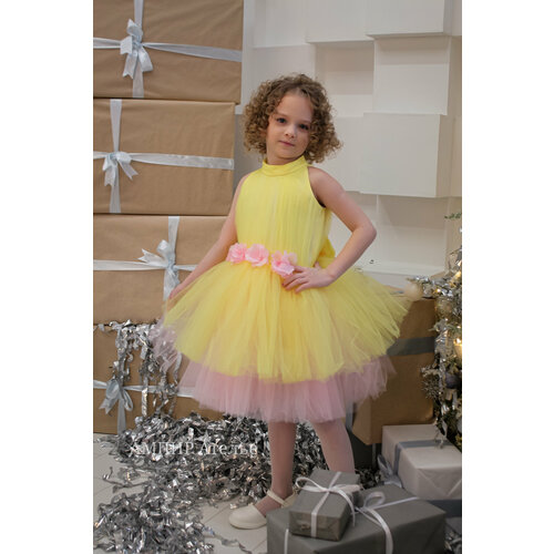 Платье Лиловые кролики, размер 122, желтый, розовый