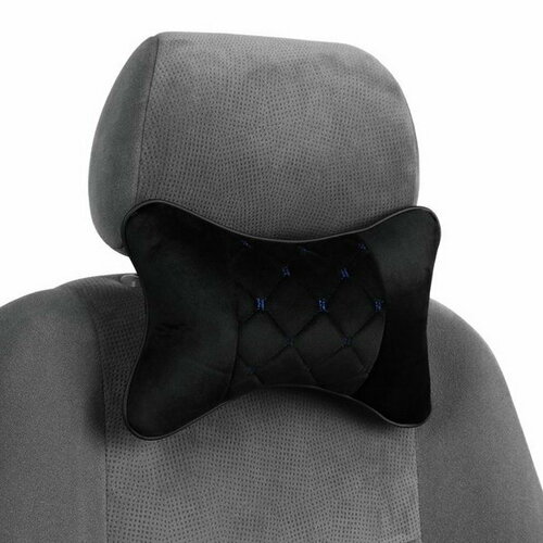 Подушка автомобильная косточка на подголовник 27x17 см велюр чёрный с синей строчкой 1047₽