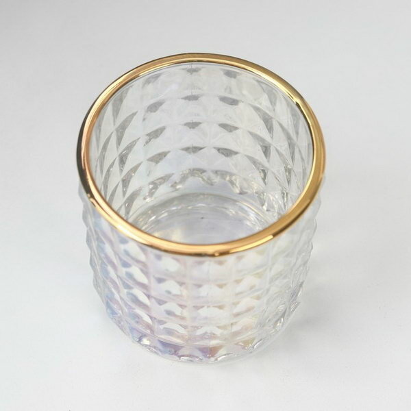 Подсвечник стекло стаканчик на 1 свечу "Ромбики" с золотым ободком перламутр 7.5х7х7 см