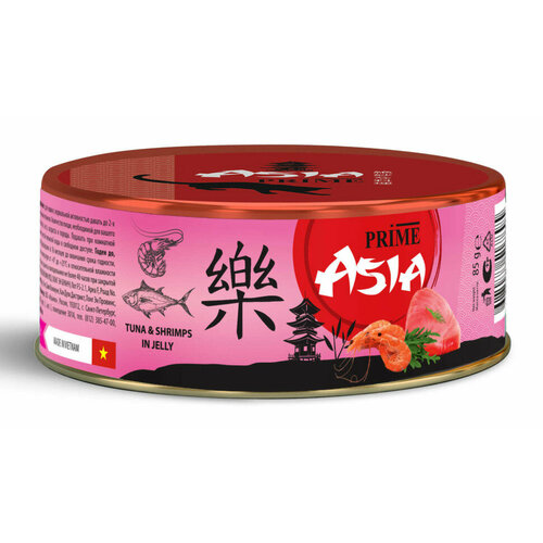 Prime Asia влажный корм для взрослых кошек тунец с креветками в желе, в консервах - 85 г х 24 шт