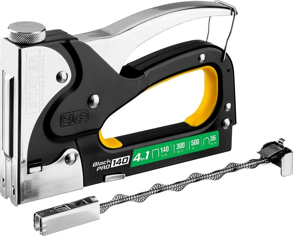 Изображение STAYER Степлер для скоб BlackPro 140 4-в-1: тип 140 (6-14 мм) / 36 (10-14 мм) / 300 (10-14 мм) / 500 (14 мм), STAYER Professional, ( 31510_z01 )