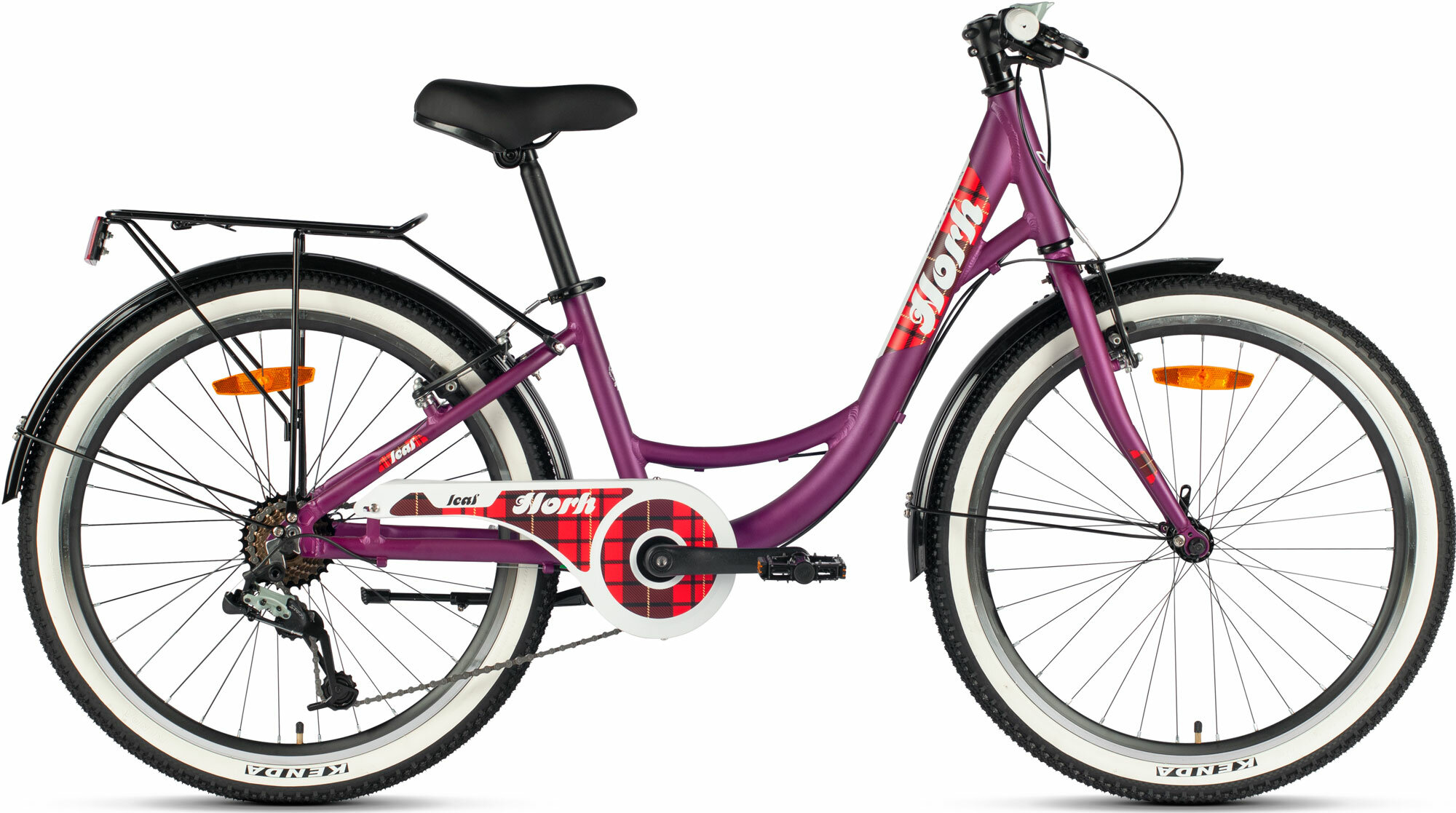 Велосипед городской HORH LEAF 24" (2024), ригид, детский, женский, для девочек, алюминиевая рама, 7 скоростей, дисковые механические тормоза, цвет Dark Purple-Red-White, фиолетовый/красный/белый цвет, размер рамы 12", для роста 130-145 см