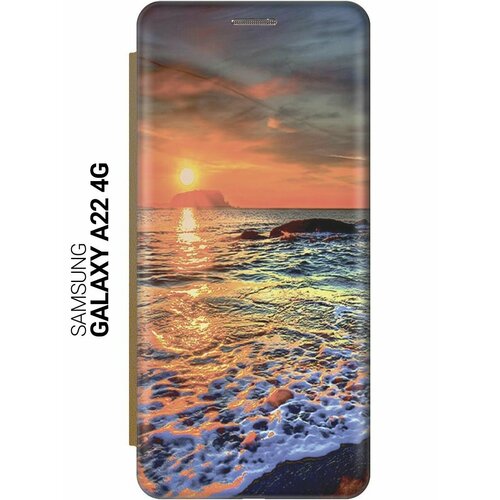 Чехол-книжка на Samsung Galaxy A22, M32, M22, Самсунг А22, М32, М22 c принтом Закат на море золотистый