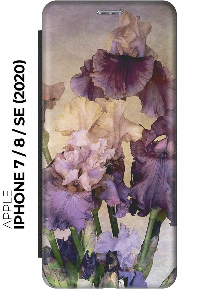 Чехол-книжка на Apple iPhone SE (2022) / SE (2020) / 8 / 7 / Эпл Айфон СЕ 2022 / СЕ 2020 / 8 / 7 с рисунком "Фиолетовые цветы" черный