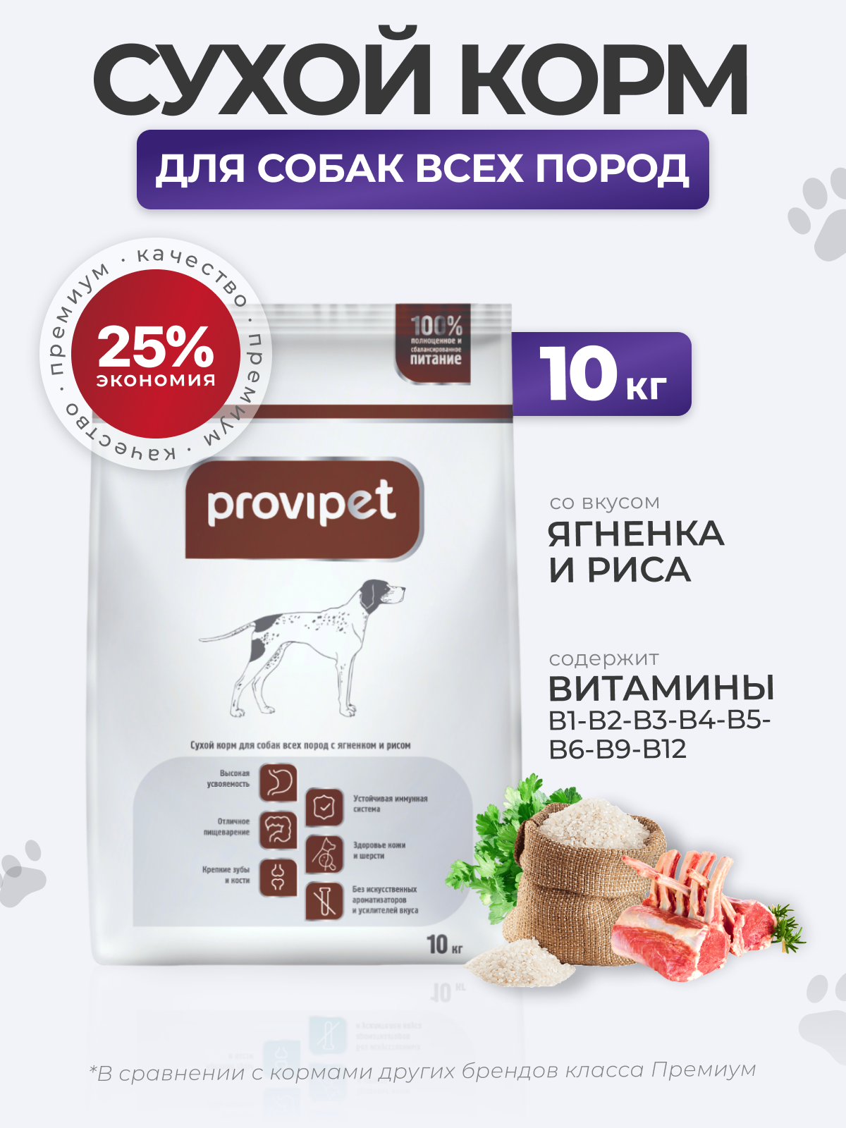 Сухой корм для собак Provipet с ягненком и рисом 10 кг