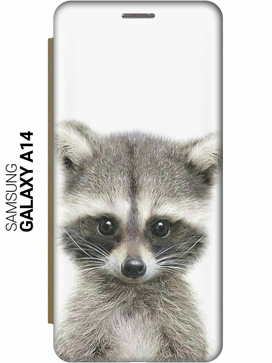 Чехол-книжка на Samsung Galaxy A14, Самсунг А14 c принтом "Кроха-енот" золотистый