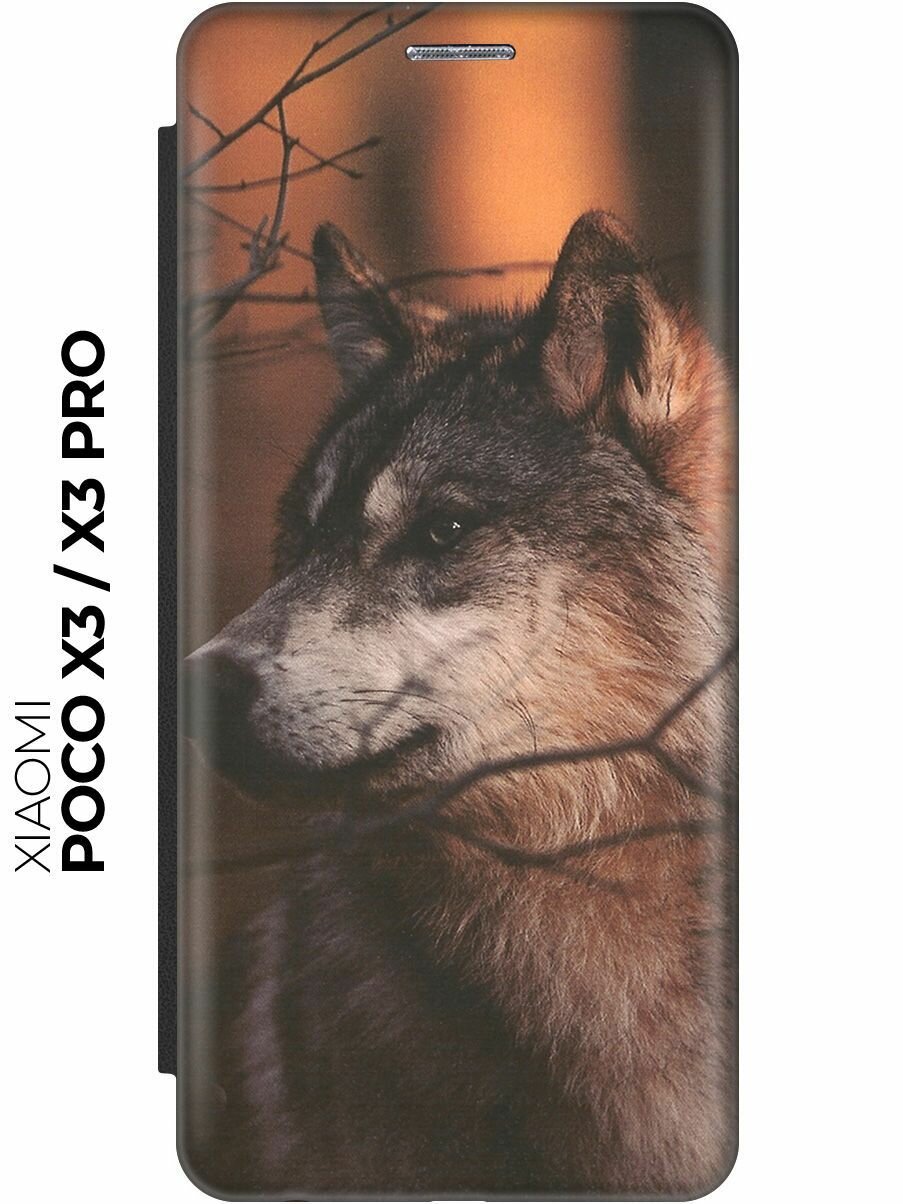 Чехол-книжка Красивый волк на Xiaomi Poco X3 / X3 Pro / Сяоми Поко Х3 / Х3 Про черный