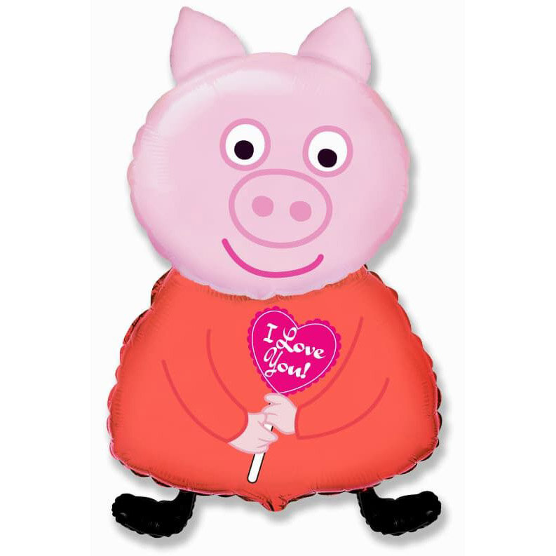 Воздушный шар из фольги. Свинка Пеппа, Поросенок с сердцем, Розовый (81 см, ESP)