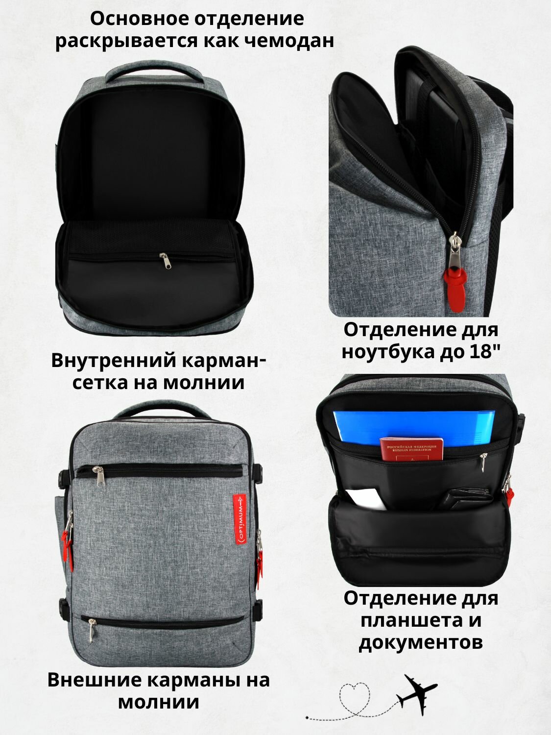 Рюкзак сумка дорожная чемодан ручная кладь 40х30х20 в самолет, серый - фотография № 2