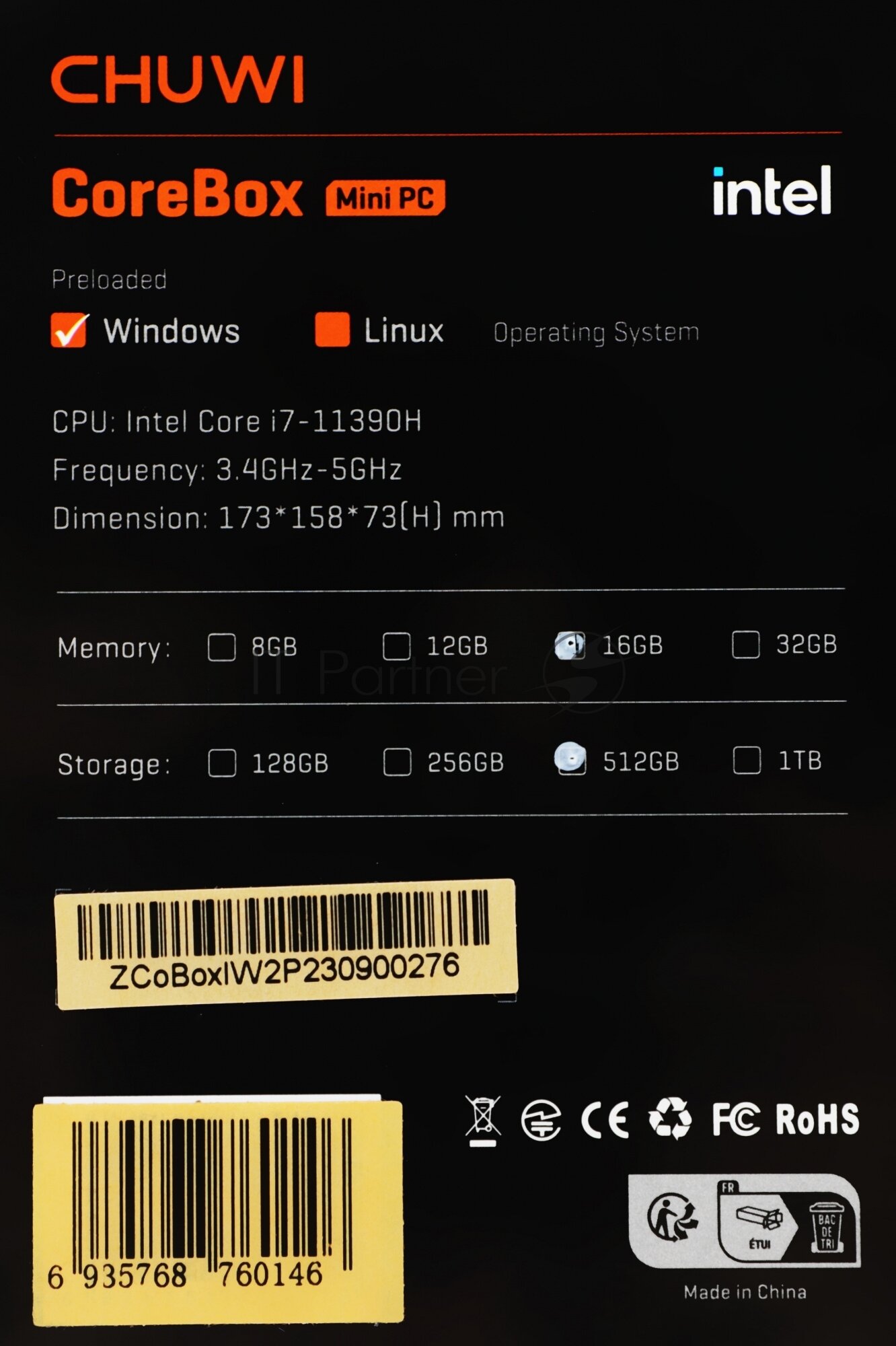 ПК Мини Chuwi CoreBox i7 11390H (13) 16Gb SSD512Gb UHDG Windows 11 Professional GbitEth WiFi BT серый