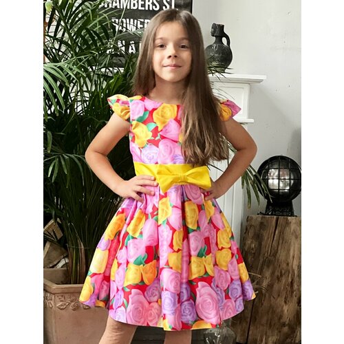 Платье Бушон, размер 116-122, желтый, розовый платье бушон нарядное флористический принт размер 116 122 красный желтый