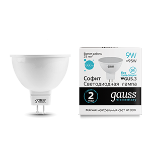 Лампа Gauss Elementary MR16 9W 660lm 4100K GU5.3 LED 13529