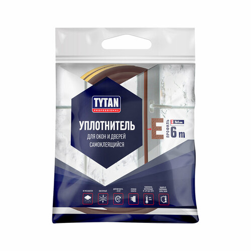 Уплотнитель для окон E-профиль Tytan Professional, 9 x 4 мм, 6 м, коричневый уплотнитель для окон e профиль tytan professional 9 x 4 мм бухта 150 м черный