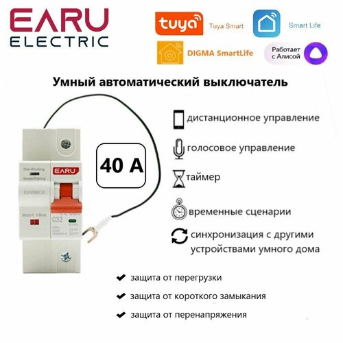 Умный автоматический выключатель электромеханический 1P + N, 40 А, EARU Electric DIGMA SmartLife/Tuya/SmartLife с Алисой WI-FI