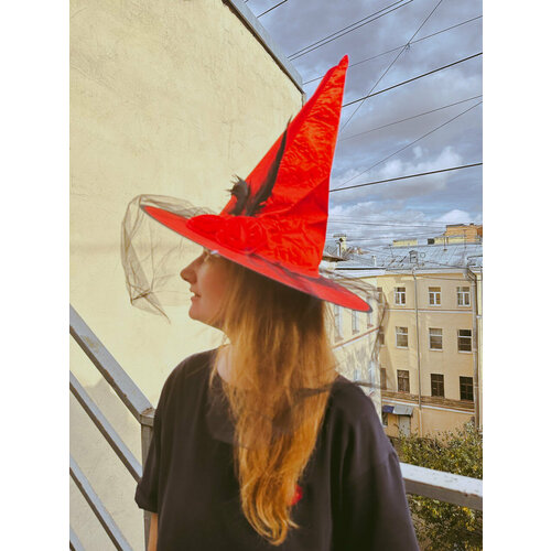 фото Шляпа ведьмы, красная с перьями и вуалью party deco