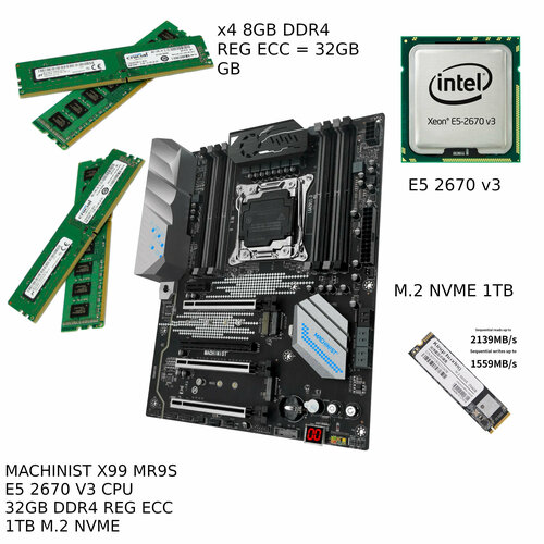 Материнская плата в комплекте с Machinsit X99 MR9S + Intel E5-2670 v3 + 32 ГБ DDR4 REG ECC 2133 МГц + 1TБ M.2 NVME