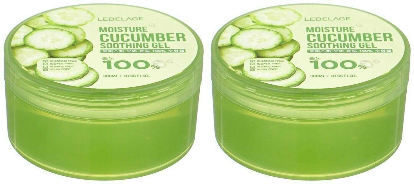 Lebelage Гель для лица и тела Moisture Cucumber 100% Soothing Gel, с экстрактом Огурца, увлажняющий успокаивающий, 300 мл, 2 шт.