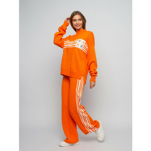 Костюм, кардиган и брюки, спортивный стиль, оверсайз, трикотажный, крупная вязка, плоские швы, пояс на резинке, утепленный, вязаная, размер OneSize, белый, оранжевый