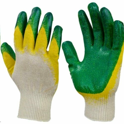 Перчатки защитные хлопковые эконом, с двойным латексным покрытием, зеленые (10 нитей, 13 класс, 300 пар)