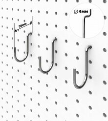 Крючок загнутый с зацепом на перфорированную ДСП панель, d=4мм, цвет хром, 10 штук