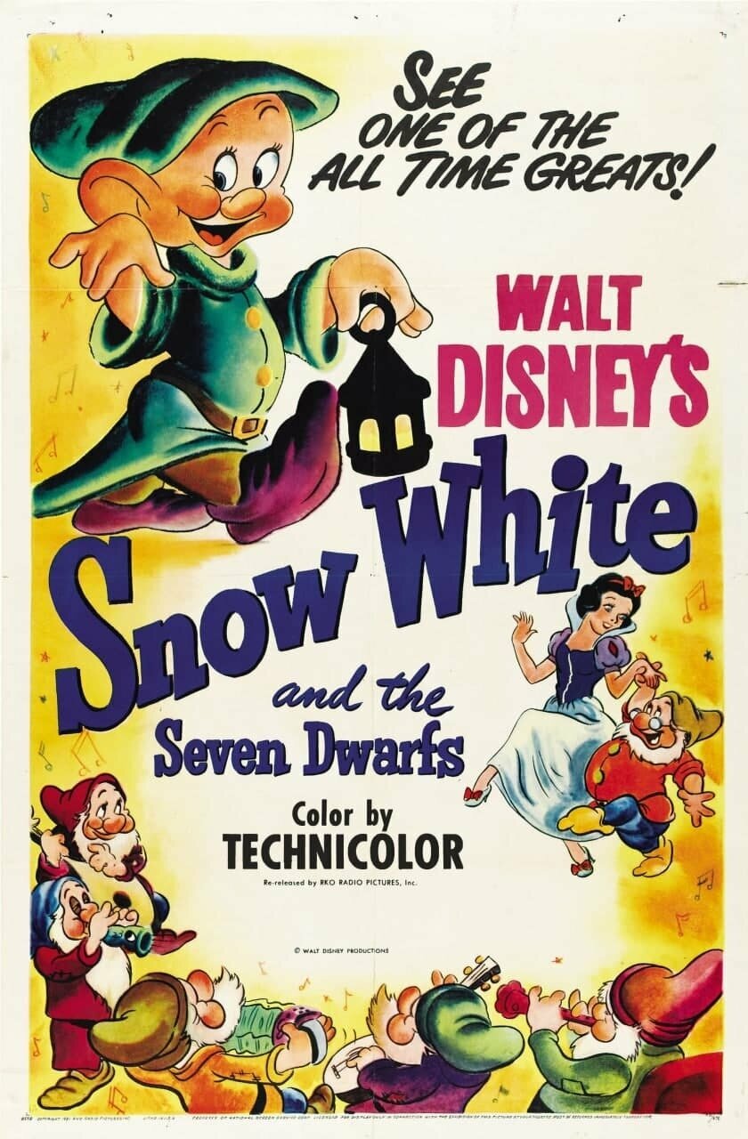 Плакат постер на бумаге Белоснежка и семь гномов (Snow White and the Seven Dwarfs 1937г). Размер 21 х 30 см