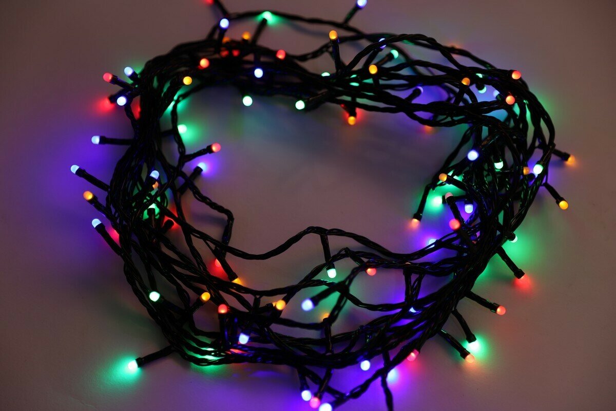 фото Гирлянда электрическая LED 200Lчерный провод, матовая лампа цветная 9м лента 02-200-1, 220В, контрол