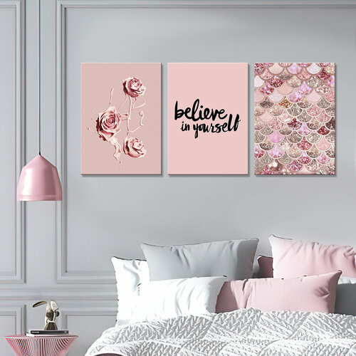 Картина интерьерная-Верь в себя розовые плакаты (2) (3 модуля-общий размер 100х210)