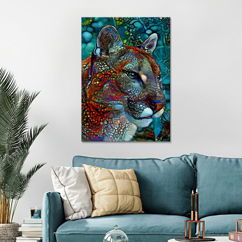 Картина интерьерная-Портрет пумы синяя мозаика 60х80