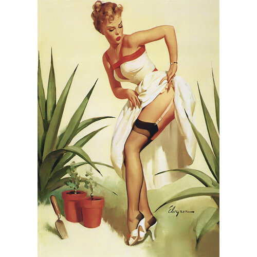 Интерьерный винтажный постер (плакат) на банере Девушка в саду в стиле пинап. Американская графика середины XX века, 8459 см. А1