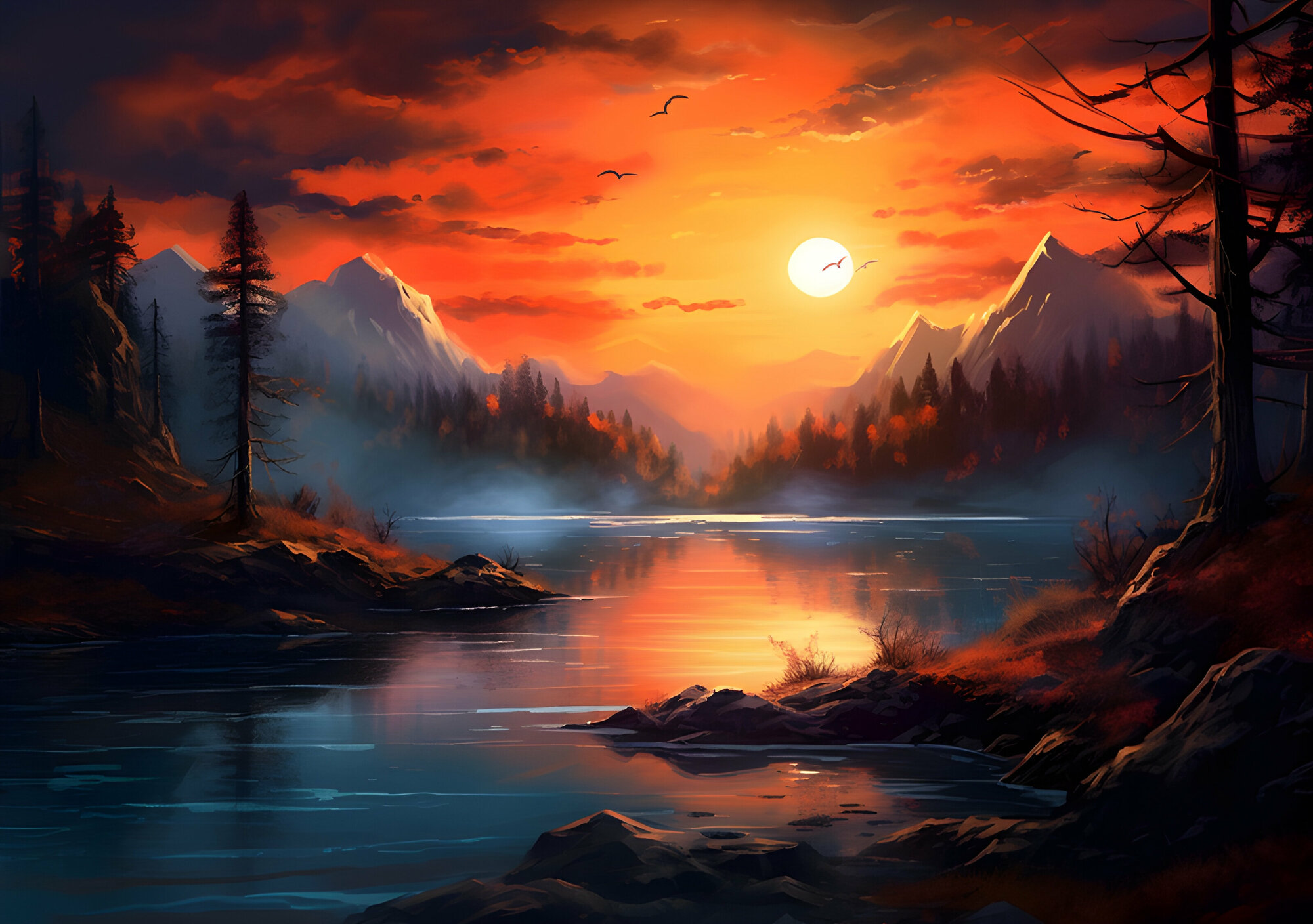 Постер - "Пейзаж с озером и закатом"на самоклеющейся / А3 / в тубусе без рамы