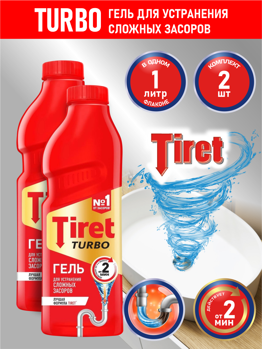 TIRET TURBO Гель для удаления засоров в канализационных трубах 1 литр х 2 шт.