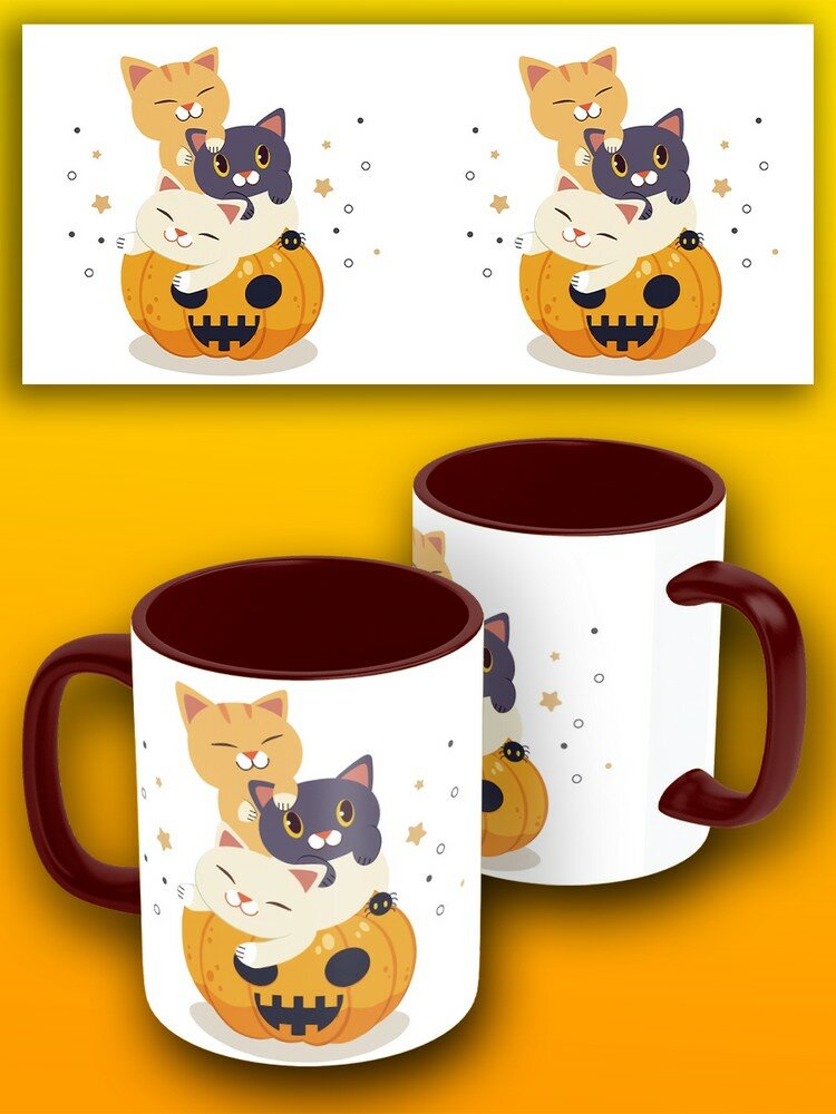 Кружка темно-красная осень хэллоуин (тыква, котик, милота) - 17601