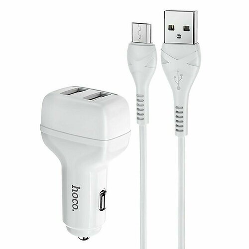 автомобильное зарядное устройство 2xusb с кабелем lightning hoco z36 leader черное Адаптер автомобильный с кабелем - Hoco Z36 Leader 2USB, 5V, 2.4A +micro USB, белый, 1 шт.