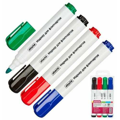 Набор маркеров для флипчартов Attache 916468 круглый пишущий наконечник 2-3 мм, упаковка 4 шт, 4 цвета (1143916)