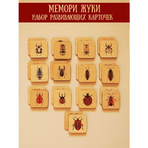 Карточки развивающие деревянные, обучающие карточки для детей Мемори: жуки, фанера 4мм