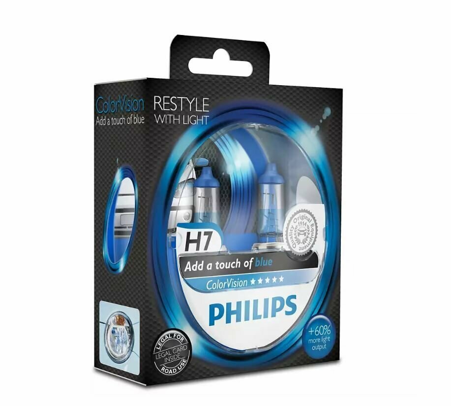 Лампа Philips 12-55 Вт. H7 Color Vision галогеновая синяя, комплект 2шт 12972CVPBS2/36810928