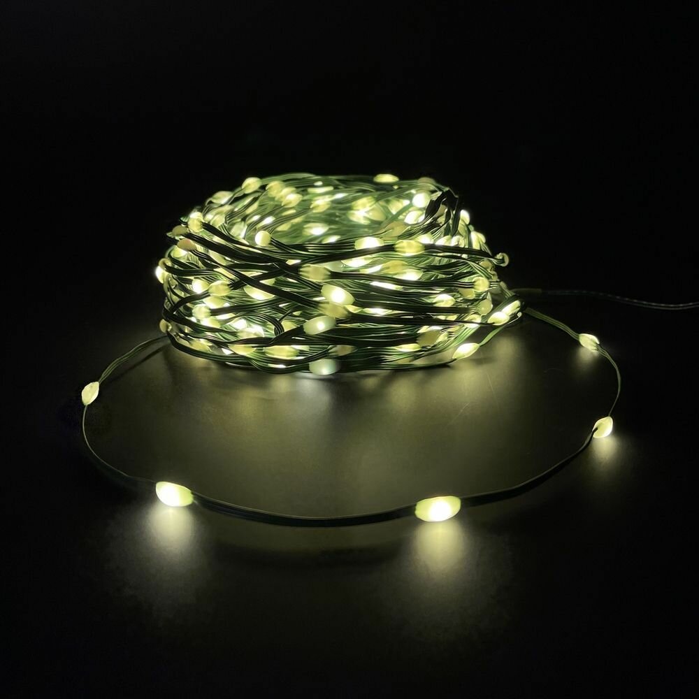 фото Гирлянда роса, капли макро для елки, 100 LED ламп теплый белый свет, 8 режимов, 1 метр